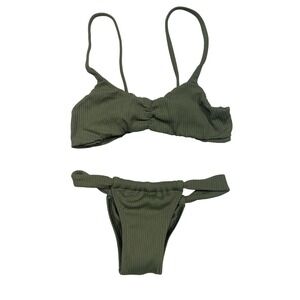 ZIMMERMANN Ribbed Bikini Set Olive Green Bandeau Top High Cut Bottom Size XS